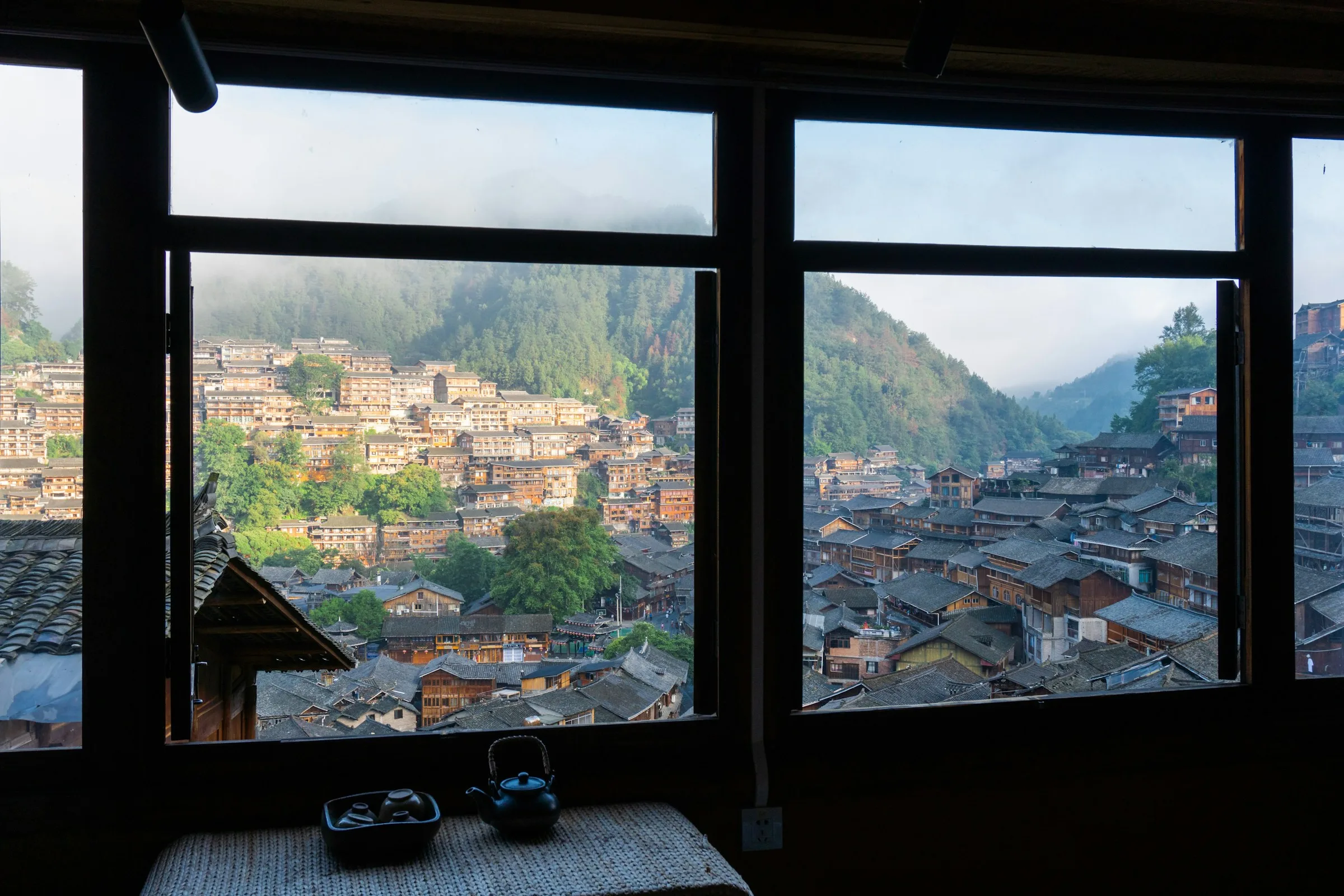 Karst mountains and a Dong village in southeast Guizhou.