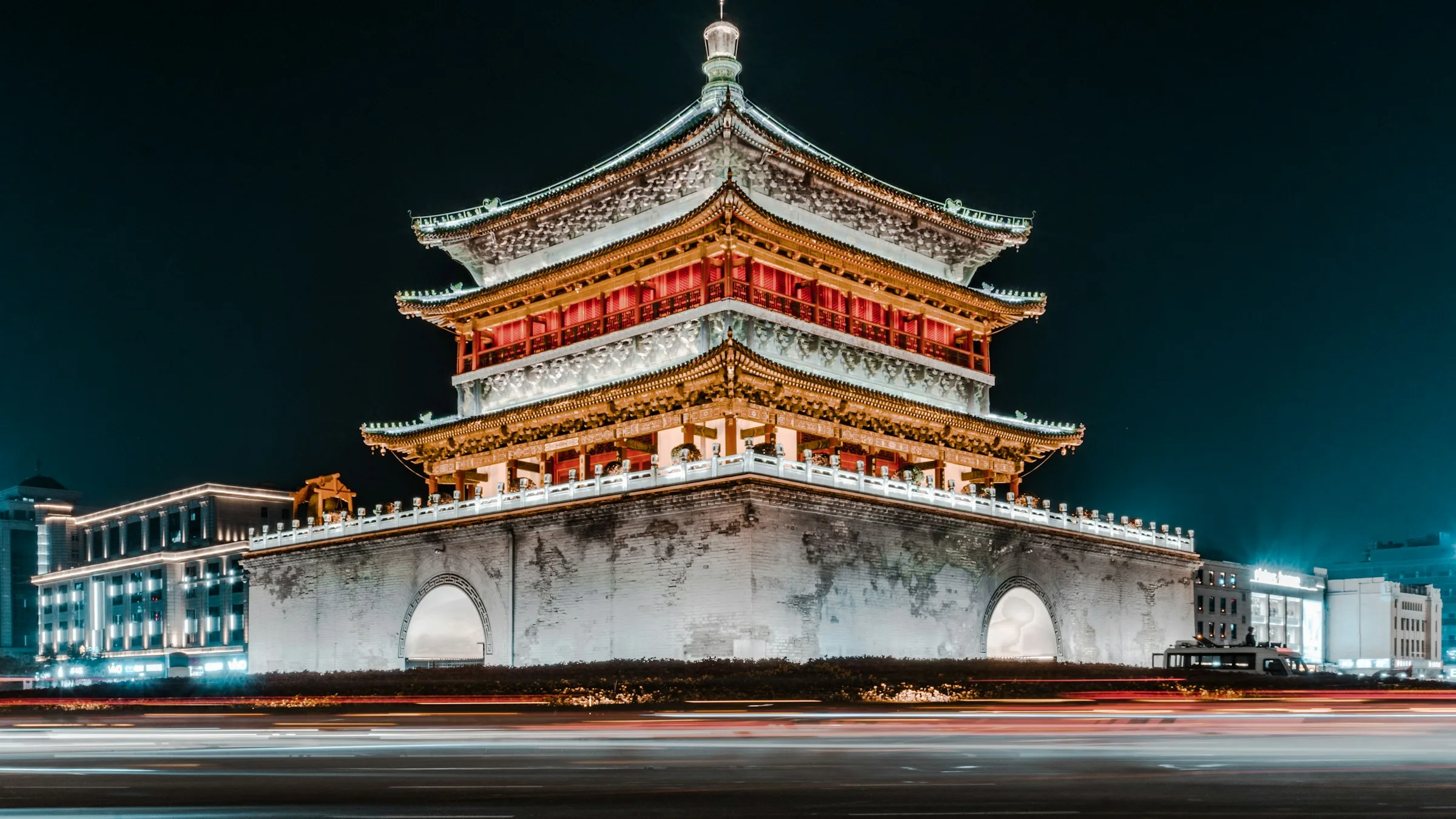 Xi'an Bell Tower (Zhonglou) illuminated at night, at the centre of the Ming-era walled city.